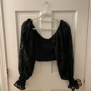 Urban Outfitters Black Puff Embroidered Sleeve Fitted Top